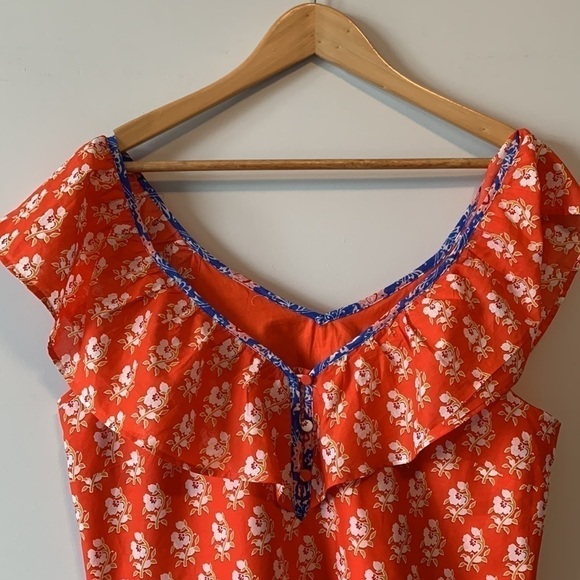 J. Crew Classic Floral Block Ruffle V Neck Orange Summer Top Size Small - Picture 3 of 16